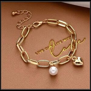 Clearance! NEW GOLD PAPERCLIP HEART PEARL CHARM LOVE ADJUSTABLE BRACELET